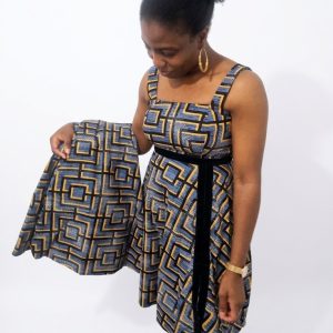 Two-Piece Geometric Print Dress and Matching Jacket Set with Velvet-like Accent Trim