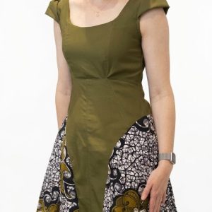Earthtone Olive Green Fit-and-Flare Dress with Contrast patterned Side Panels