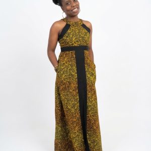 African-Inspired High Halter-Neck Maxi Dress in Gold and Black Floral-Abstract Pattern
