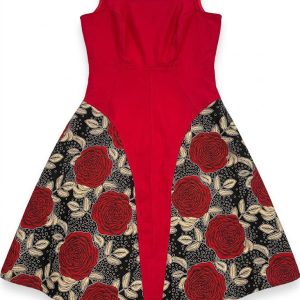 Vibrant Red Sleeveless Flare Dress with Rose Pattern Accent Panels