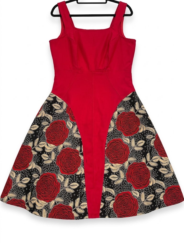 Vibrant Red Sleeveless Flare Dress with Rose Pattern Accent Panels