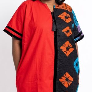 Hand-Contrast Split Panel Kaftan Dress with Vibrant Red and Ornate African-Inspired Patterns