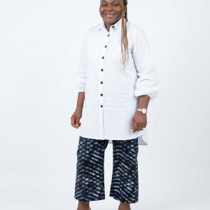 Two-Piece Ensemble: Oversized Longline White Shirt and Patterned Wide-Leg Cropped Trousers